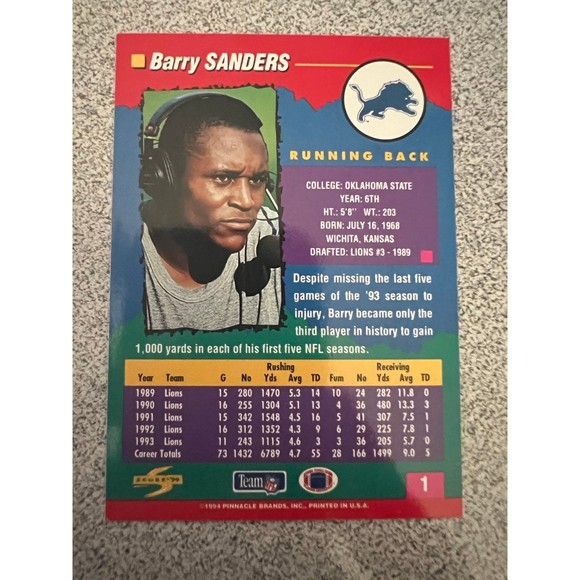 Barry Sanders Score ‘94 Pinnacle 1994 NFL trading card Detroit Lions #1 RB - Picture 4 of 5
